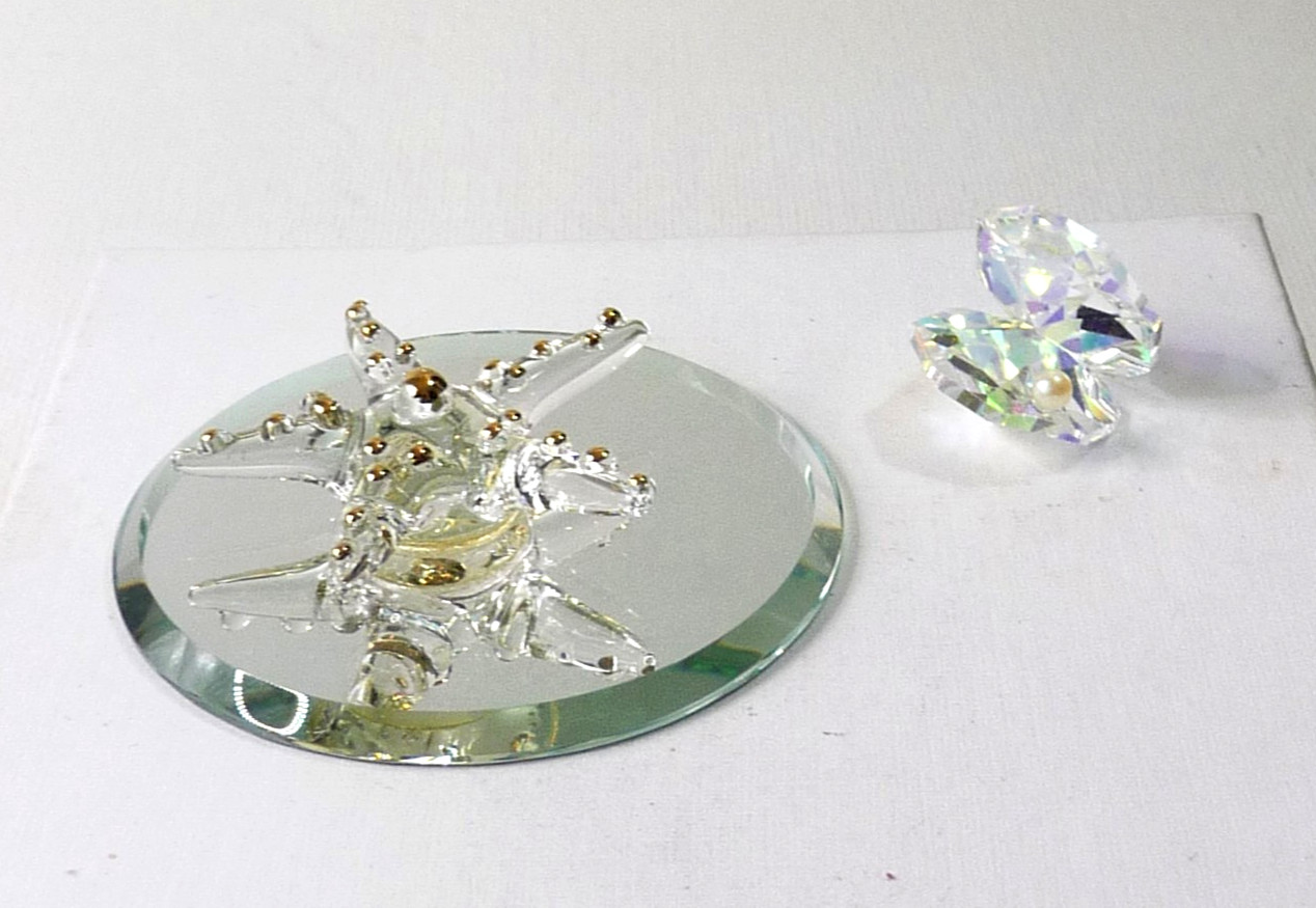 Vintage Art Glass Starfish And Miniature Crystal Aurora Borealis Shell Figurine