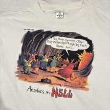 Vtg The Far Side Mens XL White Single Stitch USA Made Shirt Aerobics In Hell