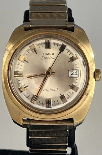 Vintage Mens Gold Tone Timex Electric Dynabeat Watch Running With New Battery HB
