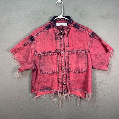 IRO Paris Distressed Pink Denim Crop Shirt With Raw Hem & Frayed Sleeves Size 36