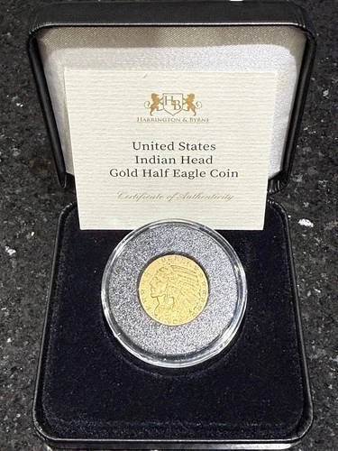 1909 US Indian Head Half Eagle $5 Gold Coin Circulated Harrington Byrne Box COA