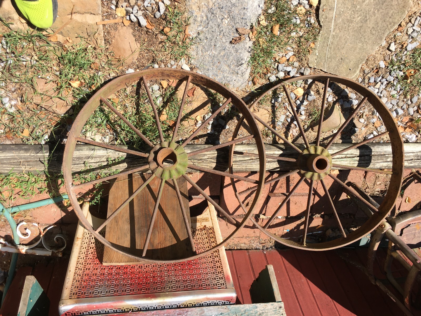 Pair  Cast Iron Wagon/ Cart Wheel 25&rdquo; Diameter x 3in thick 12 Spokes
