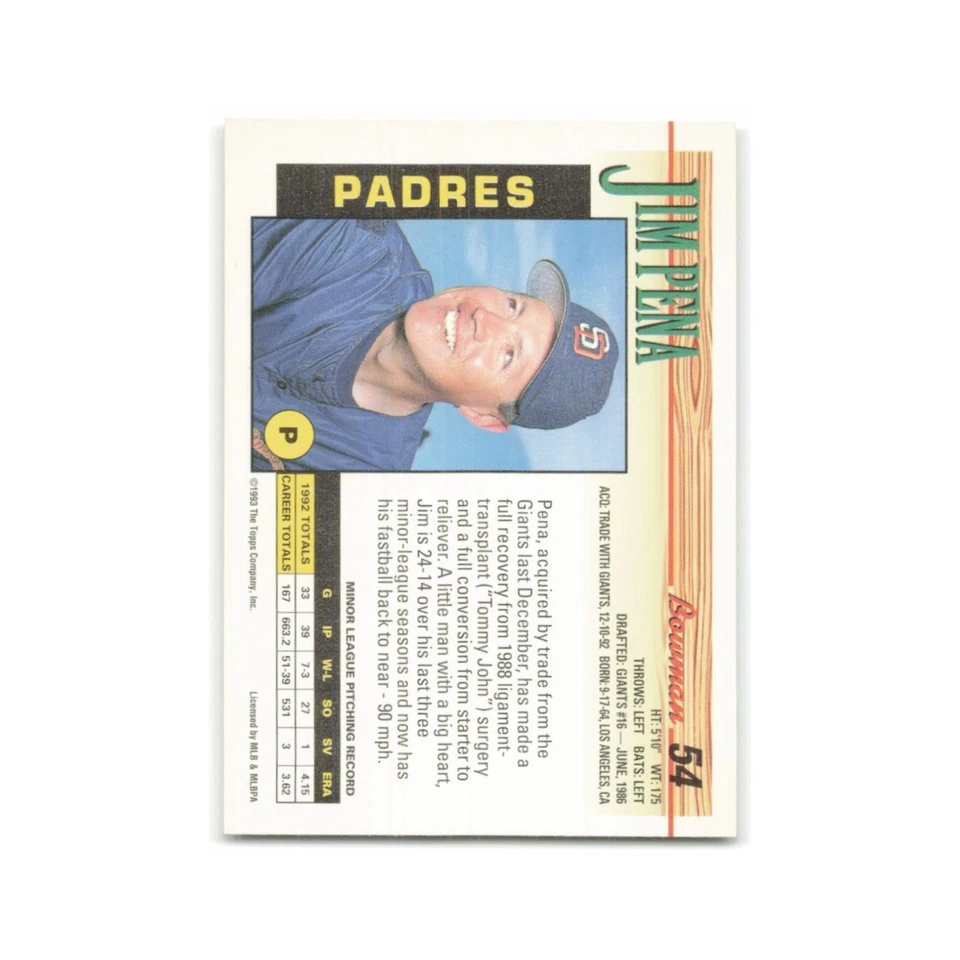 Jim Pena Rookie 1993 Bowman #54 San Diego Padres Baseball Card NM - Image 2 of 3