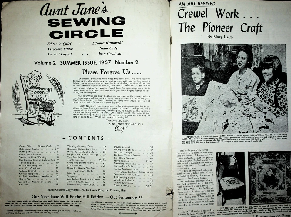 1967 Summer Aunt Janes Sewing Circle Magazine Crewel Work Knitting For Babies Foto 2 de 4