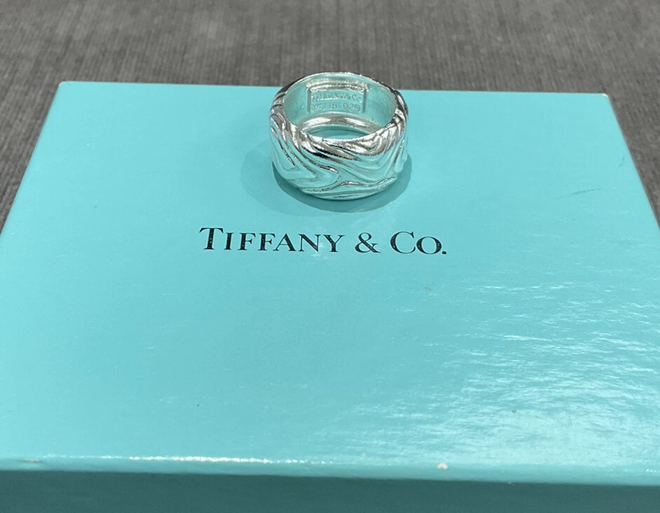 Vintage Tiffany Co. Sterling Silver Nature Wood Groove Wide Band Ring Size 5.5