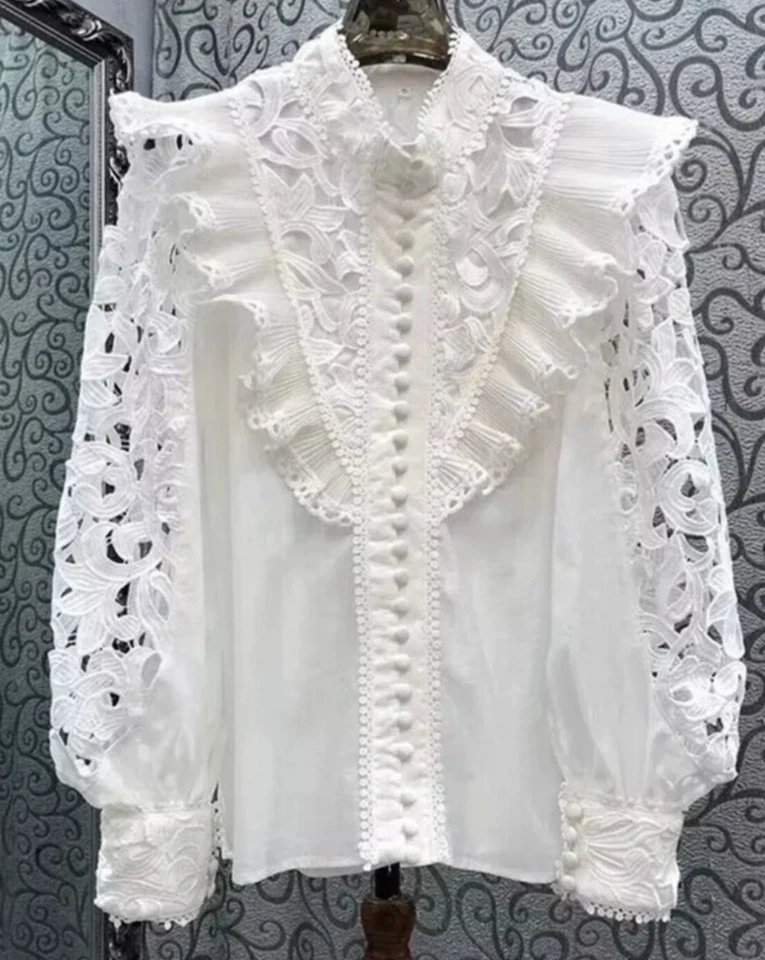 Ladies Ivory White Vtg Victorian Smart Crochet Shirt Designer Blouse size  8 10 - Image 2 of 4