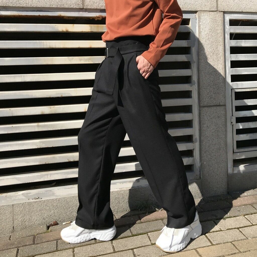 Summer Men's Fashion Wide Leg Pants Trousers High Waist Leisure Loose Fit  Belted