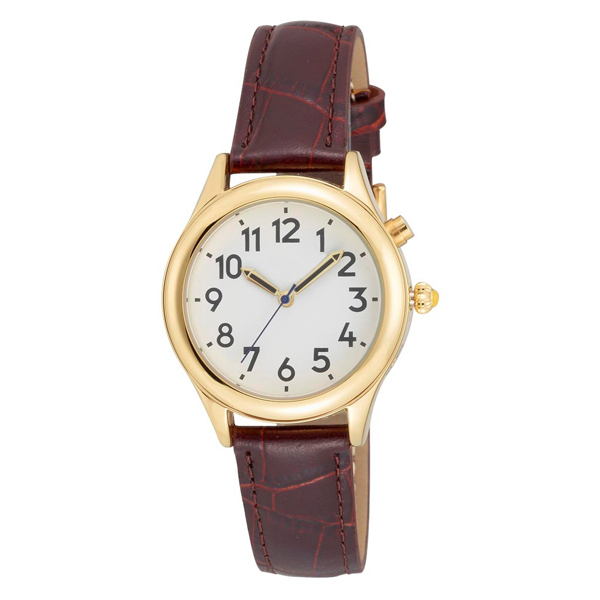 Ladies Gold Tone Talking Watch White Face Brown Leather Band, 2 Voices