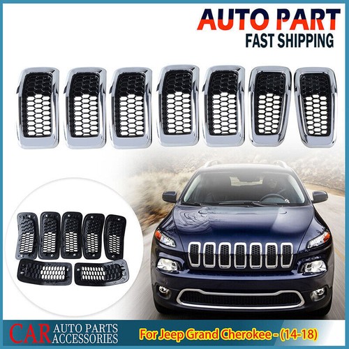 7x Black Honeycomb Mesh Chrome Ring Grill Inserts Cover For Jeep Cherokee 14~18