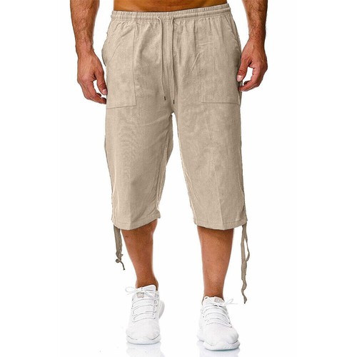 Casual Elastic Waist Drawstring Solid Color 3/4 Length Men's Pants Trousers - Picture 10 of 24