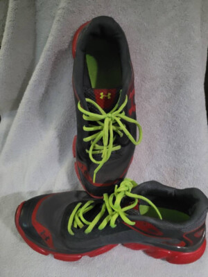Under Armour Mens Sz 10 Micro G Pulse Gray, Red & Lime Green Running Shoes