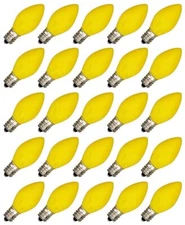 Box Of 25 Light Bulbs Opaque Yellow Steady Burning 7 Watt C7 e12 Candelabra Base