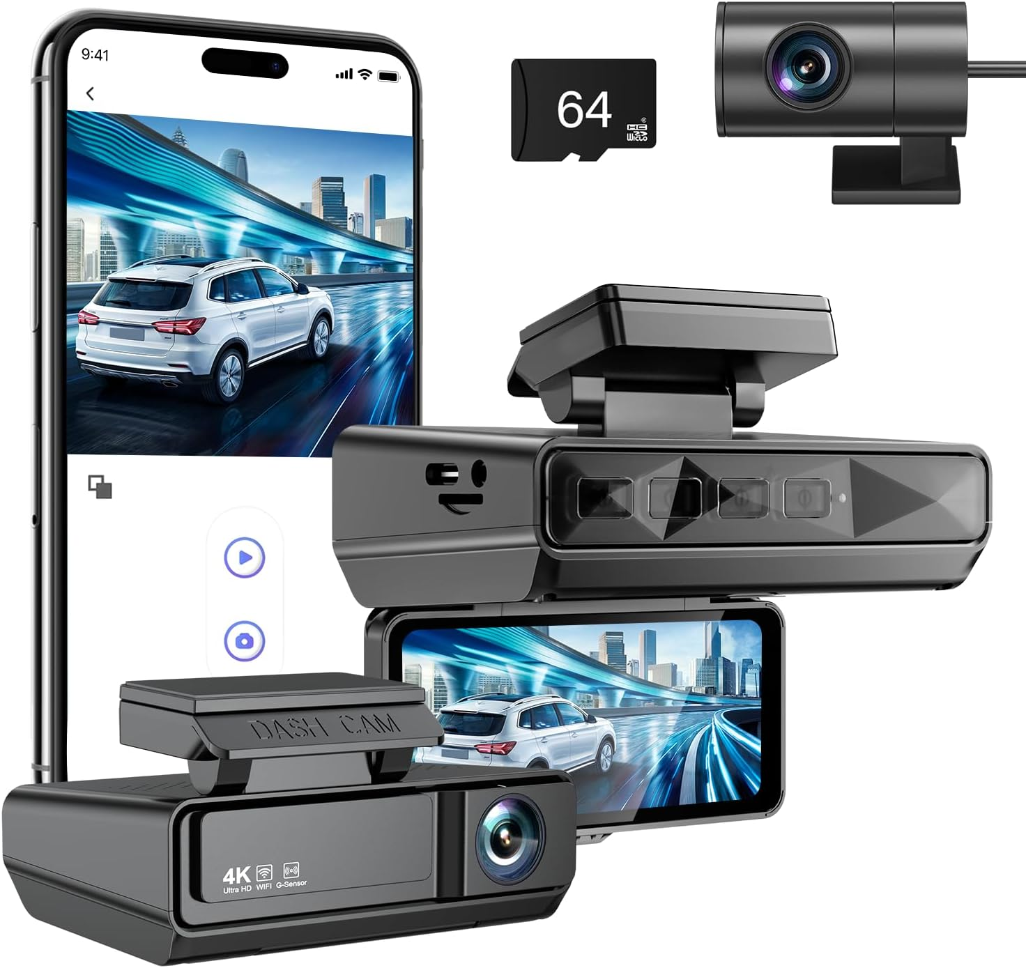 4K Dual Channel Dash Cam Front and Rear for Cars with Dashboard Camera