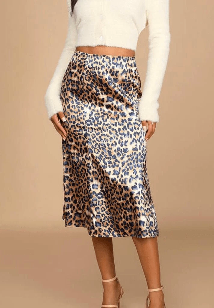 White leopard top print satin skirt