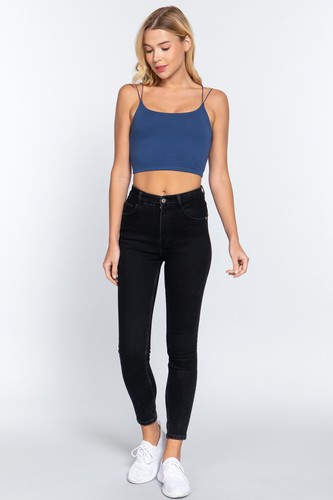 Women Round Neck Two Ply Knit Cami Crop Top Double Elastic Strap - Picture 58 of 86