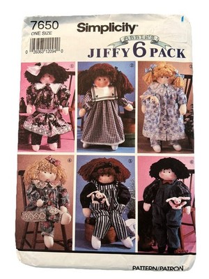 1990s Sewing Pattern Jiffy Simplicity 7650 Stuffed 22  Cloth Rag Doll & Clothes