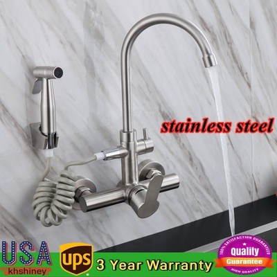 360 Swivel Stainless Steel Dual Hole Sink Tap Mixer Wall Mount Kitchen Faucet