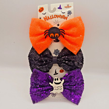 Danbar Global Halloween Hair Bows Sequin Spider Ghost Girls Clips 3 Pk NWT