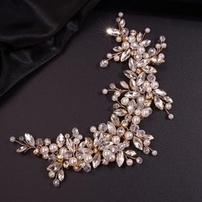 Gold Rhinestone Pearl Crystal Large Headband Hair Vine Bridal Flower Piece