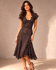 Karen Millen 10 UK Vintage Brown Lace Gatsby Fit Flare Cocktail Midi Dress