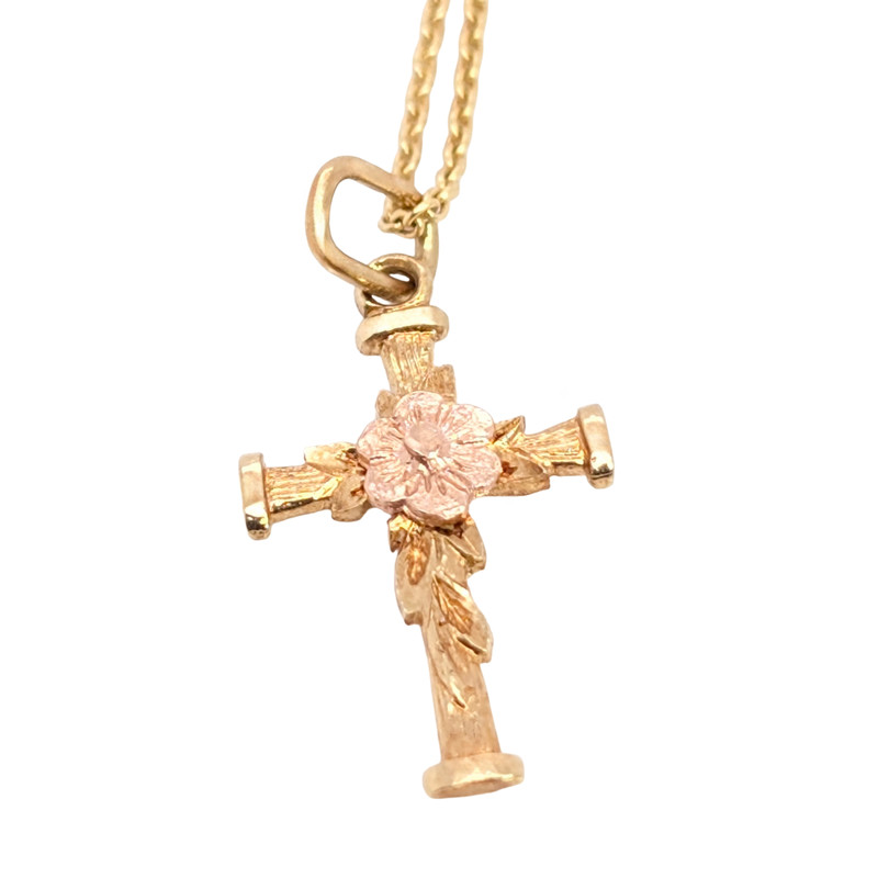 VINTAGE SOLID 14K YELLOW ROSE GOLD FLOWER CROSS PENDANT 20" NECKLACE #8053