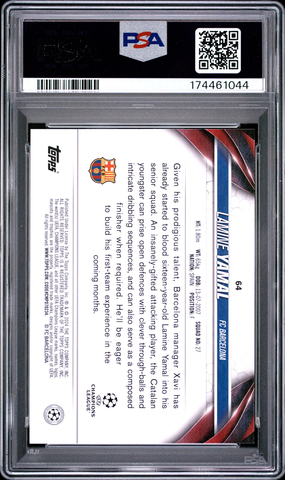 2023-24 TOPPS UEFA CLUB COMPETITIONS #64 LAMINE YAMAL ROOKIE RC PSA 8 view 2