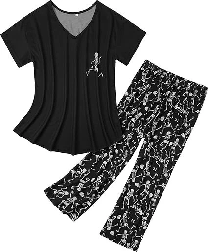 万圣节睡衣女式套装哥特睡衣头骨休息室套装黑色白色睡衣套装,M — 第 2/4 张图片