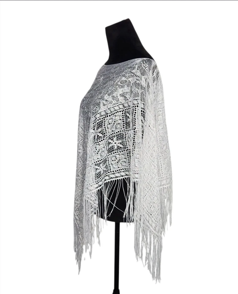 Poncho boho playa boda OS vintage de encaje blanco ganchillo flecos transparentes sin marca Foto 2 de 4
