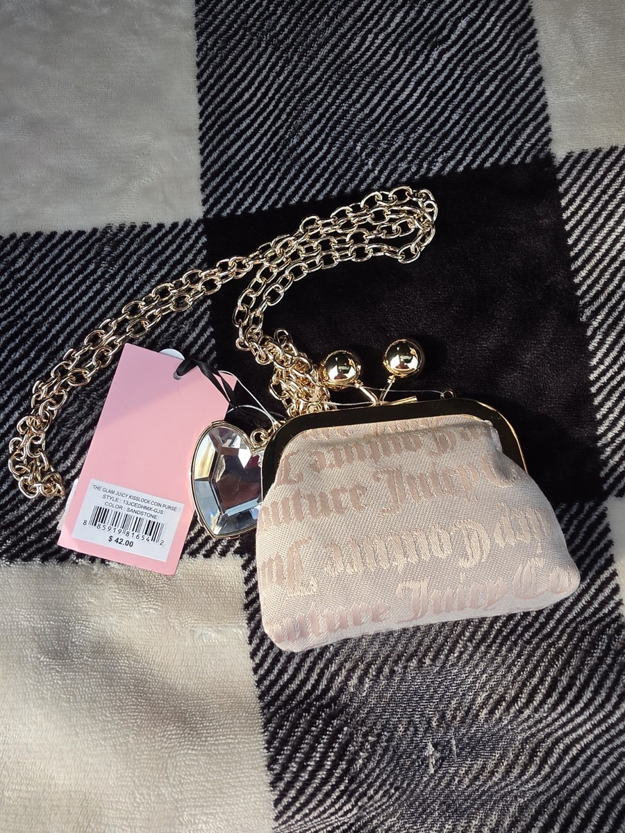Juicy Couture Beige Logo Jacquard Kiss Lock Coin Purse Gold Chain Heart Charm View 2