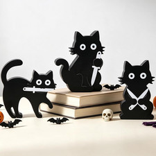 3Pcs Black Cat Wooden Halloween Decor Funny Cat Figures Office Home Decoration