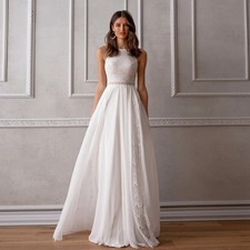 Simple Lace Chiffon Long Wedding Dresses Boho Sleeveless O Neck Bridal Gowns