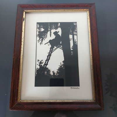 Original alter Scherenschnitt   Rolf Winkler Jäger auf Hochsitz Hase Jagd 