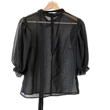 Allen Schwartz Swiss Dot Ruffled Mock Neck Blouson Mesh Black Blouse Sheer Small