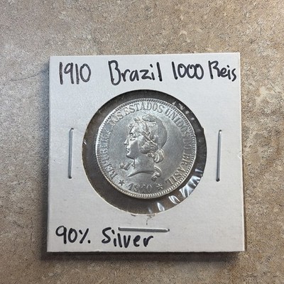 1910 Brazil 1000 Reis, Republica Dos Estados Unidos Do Brasil (SILVER-RARE)