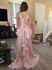 Pink Floral Jacquard Corset Gown Bridgerton Style with Detachable Bow Train prom