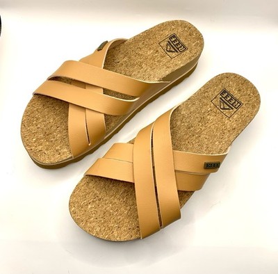 Reef Women Kaia Cross Tan Cushion BloomHi Platform Cork Crisscross Sandals SZ 7