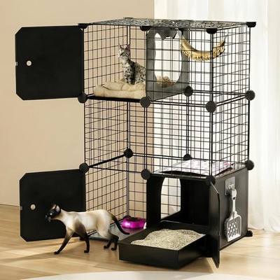 Cat Enclosure with Litter Box 3-Tier Metal Wire Cat Cage DIY Detachable Indoor