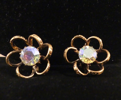 MADE IN AUSTRIA FLOWER LG Multi-color Crystal RHINESTONE CLIP ON VTG EARRINGS