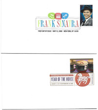 2008-14 Two FDCs Colorful Post Office Cancels -Frank Sinatra & Year of the Horse