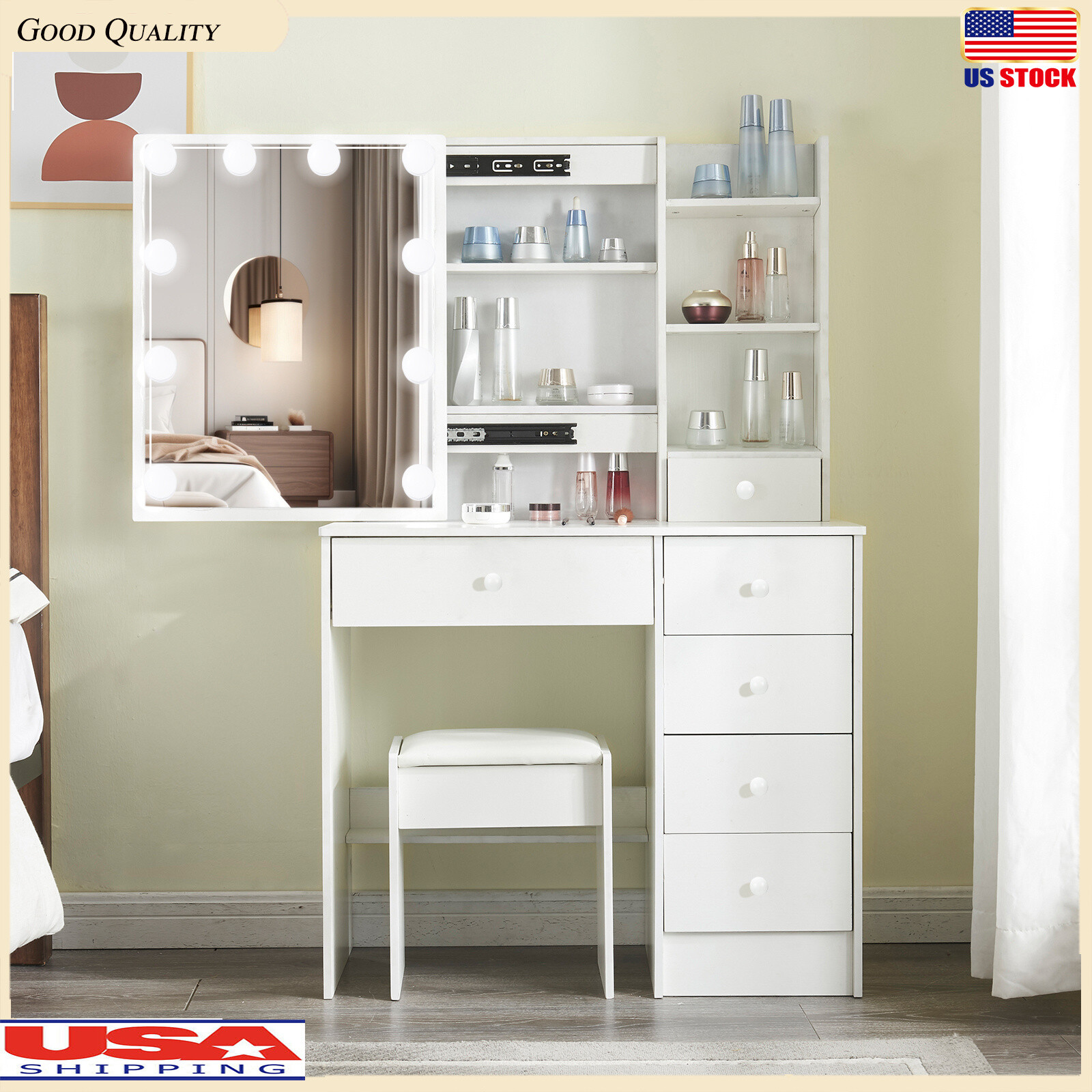 Juego de tocador con 10 espejos iluminados LED 6 cajones maquillaje tocador escritorio