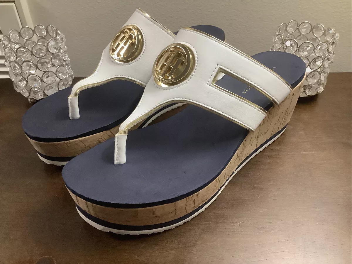 Tommy Hilfiger Sandals 8 M Wedge Thong Navy Gold Logo Twgalley