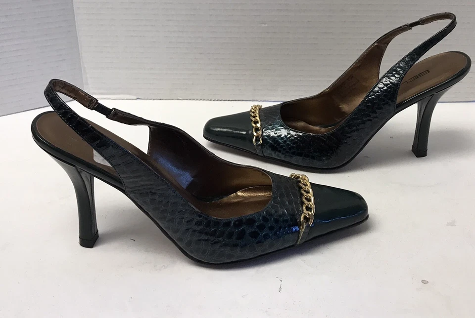 Bellini Croc Repujado Dk Verde Patente Cadena Punta Acento Eslinga Tacones Traseros NUEVO Foto 2 de 4