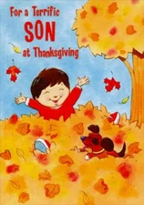 Designer Greetings Boy Playing in Leaves Juvenile Thanksgiving Card for Son