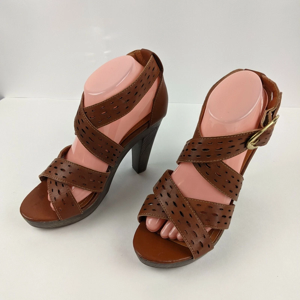 Cato Sandals Women s Sz 8M Brown Strappy Ankle Wrap Platform Block