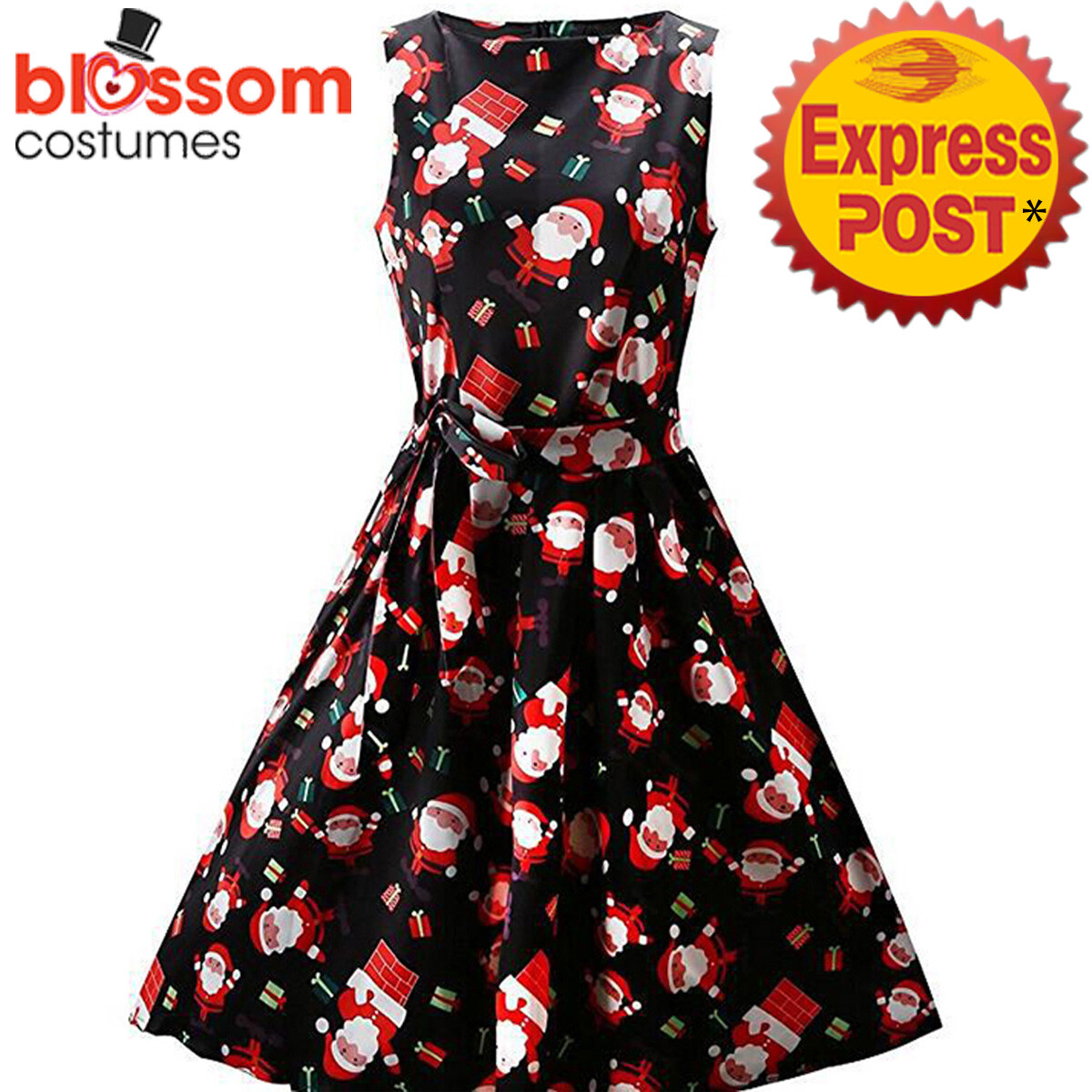 K460 Black Santa Christmas Vintage Swing Flare Dress Snowflake Xmas  Rockabilly