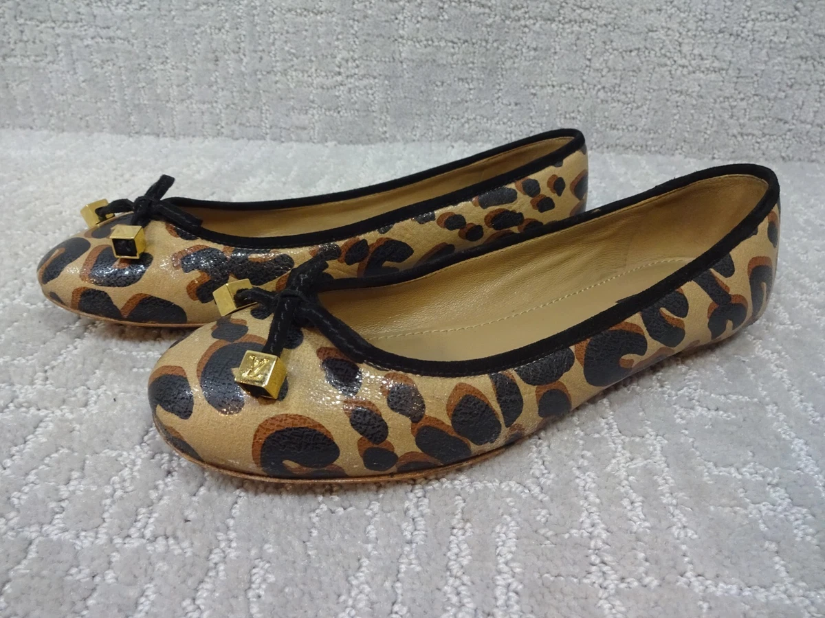 Louis Vuitton Leopard Print Brown Leather Flat Pumps Ballet Shoes Size 38 LV