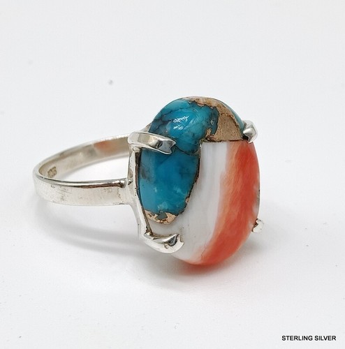 Oval Spiny Oyster Copper Turquoise Sterling Silver Ring | December Birthstone Ring | Multi Colored Turquoise Ring - Gilded Bug Jewelry