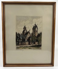 Antike kolorierte Radierung - Kirche Wang (Kreis Hirschberg) - Signiert, Gerahmt