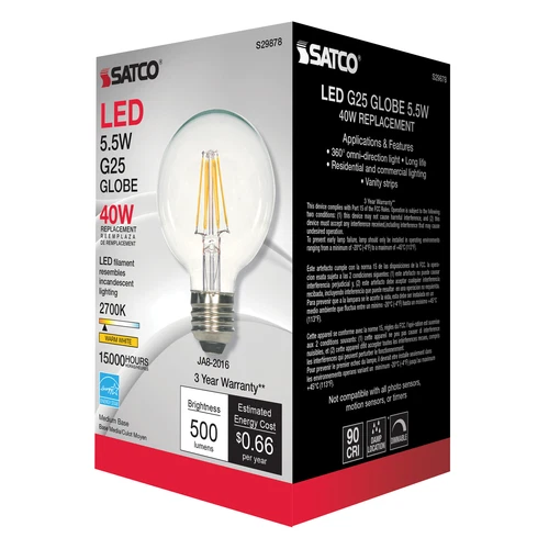 Satco S29878 LED Filament Globe Clear G25 5.5W 40W Medium E26 2700K Warm White - Picture 4 of 9