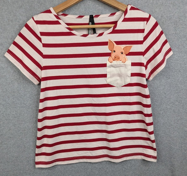 Dangerfield Top Womens 8 Red White Stripe T-Shirt Piglet Pig Pocket Tee Casual